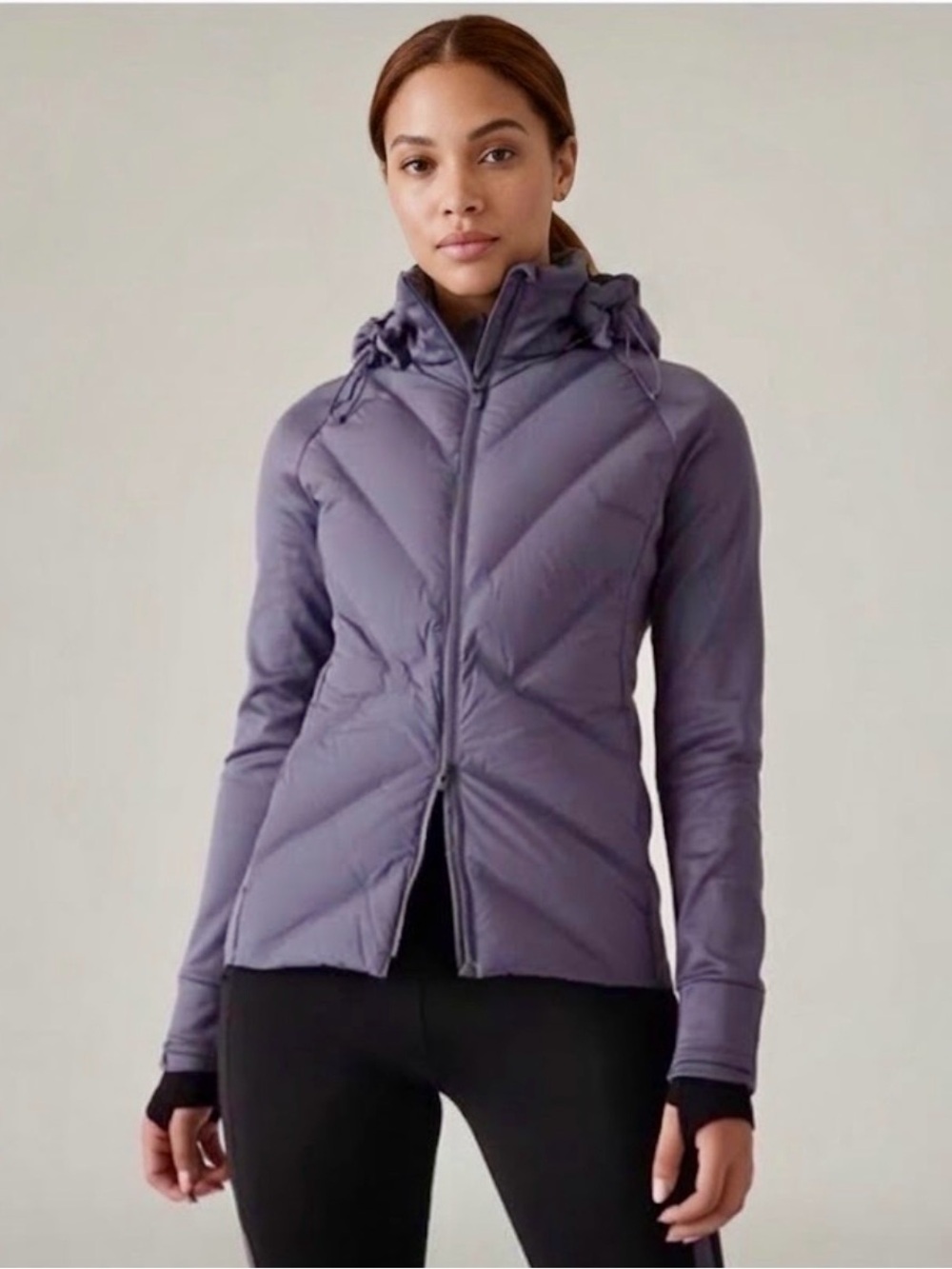 Athleta women’s Inlet Jacket Full zip up Hooded down filled purple lightweight S